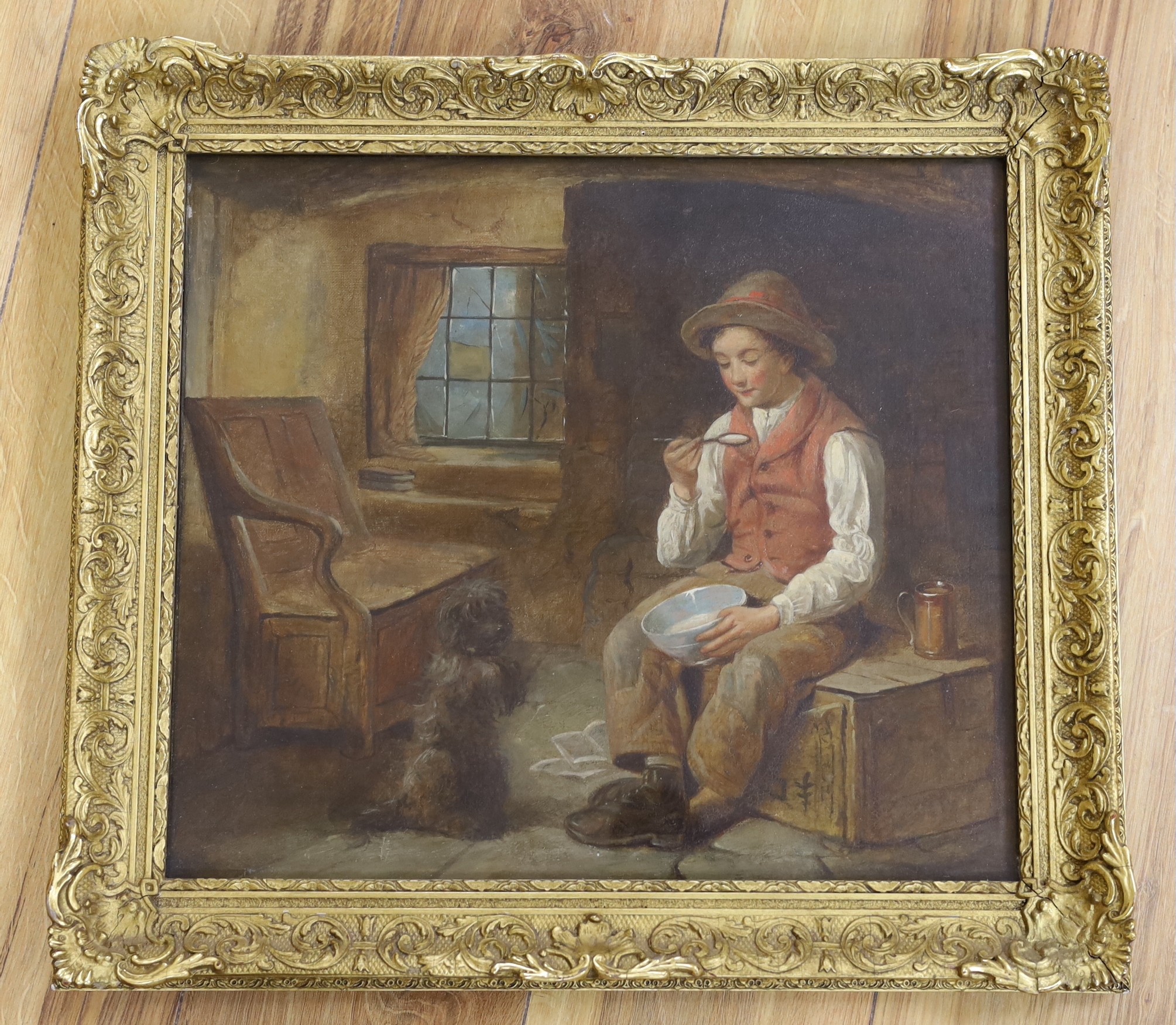 Victorian School, oil on canvas, Interior with boy and begging terrier, 35 x 40cm